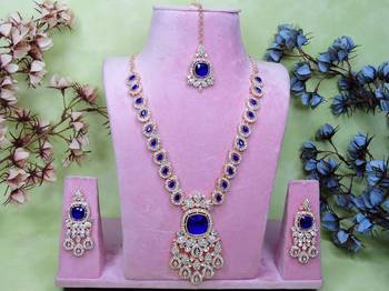 Blue rose gold premium designer american diamond and stone work necklace set 1