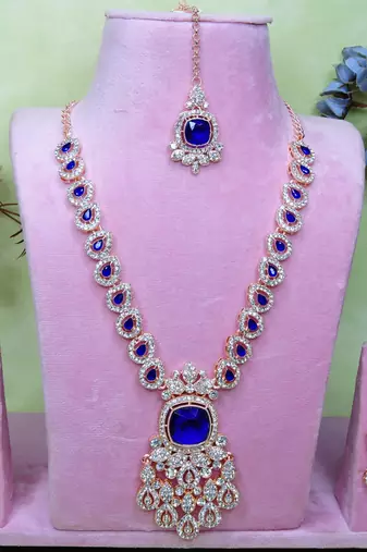 Blue rose gold premium designer american diamond and stone work necklace set