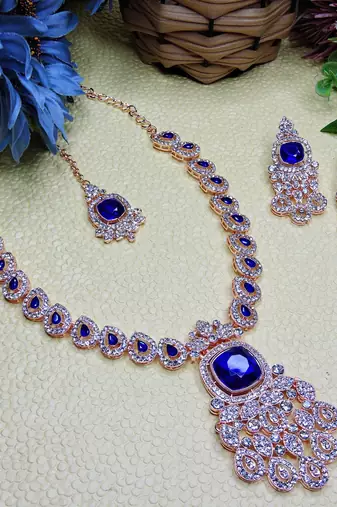 Blue rose gold premium designer american diamond and stone work necklace set