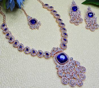 Blue rose gold premium designer american diamond and stone work necklace set 3