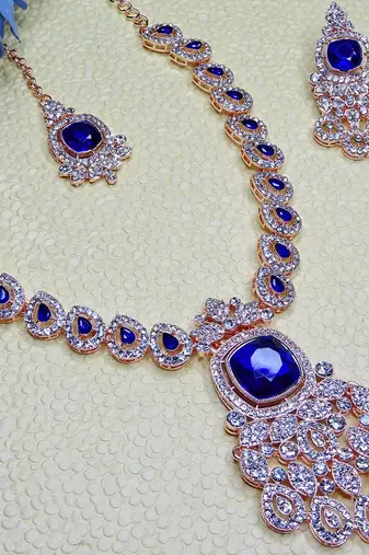 Blue rose gold premium designer american diamond and stone work necklace set
