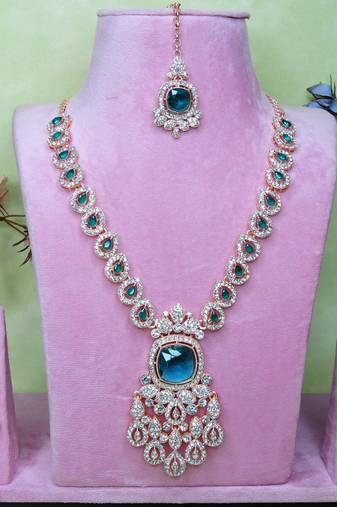Green rose gold premium designer american diamond and stone work necklace set