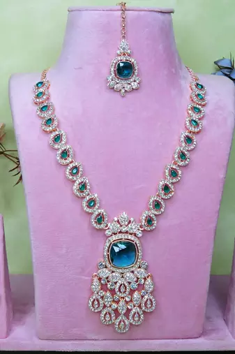 Green rose gold premium designer american diamond and stone work necklace set