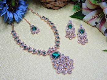 Green rose gold premium designer american diamond and stone work necklace set 2