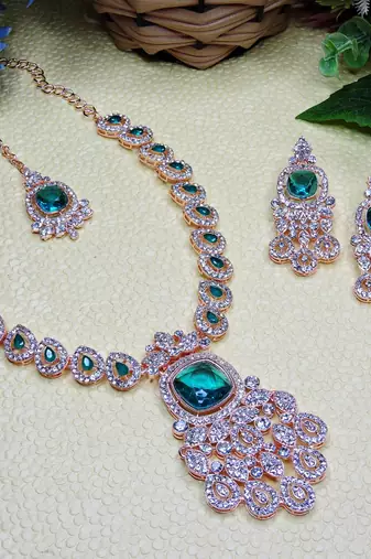 Green rose gold premium designer american diamond and stone work necklace set