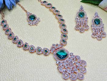 Green rose gold premium designer american diamond and stone work necklace set 3
