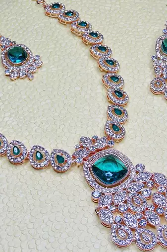 Green rose gold premium designer american diamond and stone work necklace set