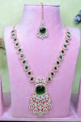 Green rose gold premium designer american diamond and stone work necklace set