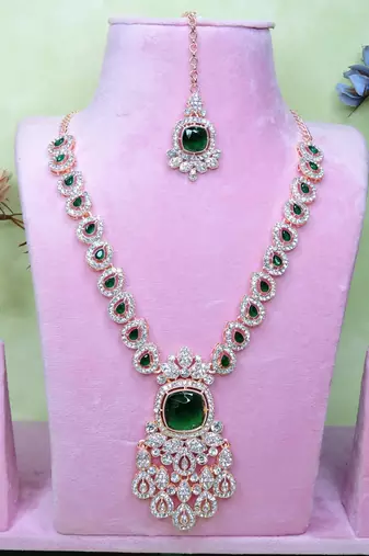 Green rose gold premium designer american diamond and stone work necklace set