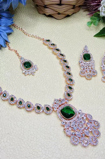 Green rose gold premium designer american diamond and stone work necklace set