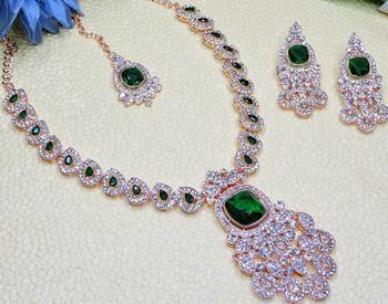 Green rose gold premium designer american diamond and stone work necklace set 3
