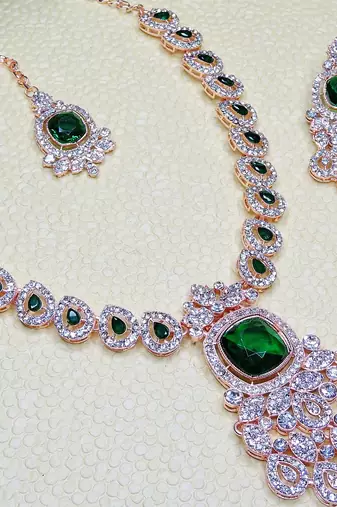 Green rose gold premium designer american diamond and stone work necklace set