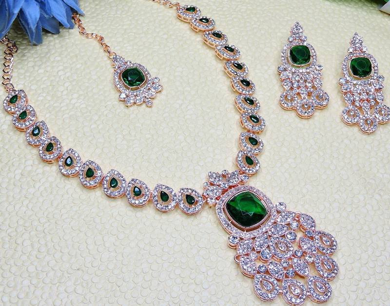 Green rose gold premium designer american diamond and stone work necklace set