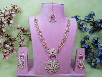 Purple rose gold premium designer american diamond and stone work necklace set 1