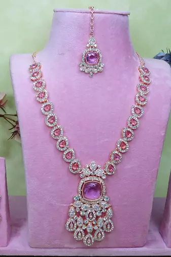 Purple rose gold premium designer american diamond and stone work necklace set