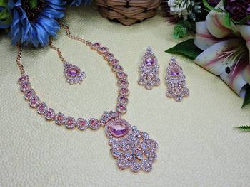 Purple rose gold premium designer american diamond and stone work necklace set 2