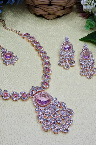 Purple rose gold premium designer american diamond and stone work necklace set