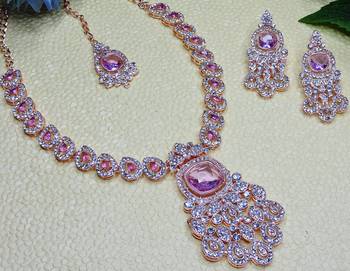Purple rose gold premium designer american diamond and stone work necklace set 3
