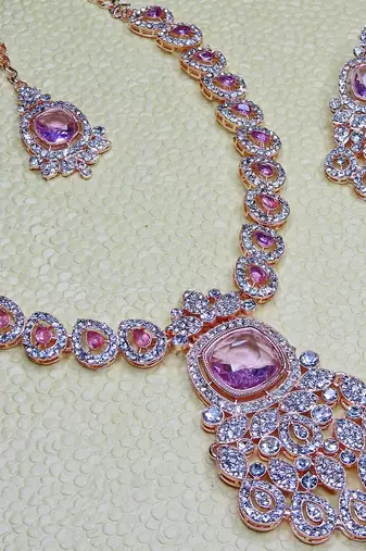 Purple rose gold premium designer american diamond and stone work necklace set