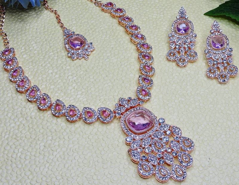 Purple rose gold premium designer american diamond and stone work necklace set
