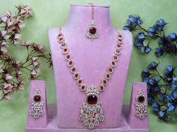 Maroon rose gold premium designer american diamond and stone work necklace set 1
