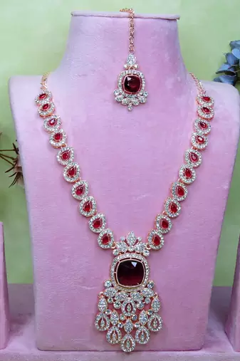Maroon rose gold premium designer american diamond and stone work necklace set