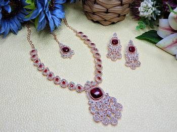 Maroon rose gold premium designer american diamond and stone work necklace set 2