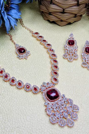 Maroon rose gold premium designer american diamond and stone work necklace set