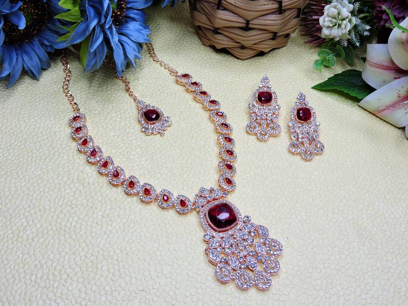 Maroon rose gold premium designer american diamond and stone work necklace set