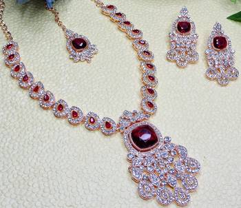 Maroon rose gold premium designer american diamond and stone work necklace set 3