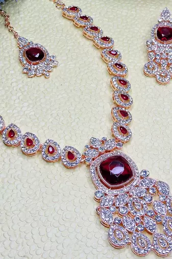Maroon rose gold premium designer american diamond and stone work necklace set