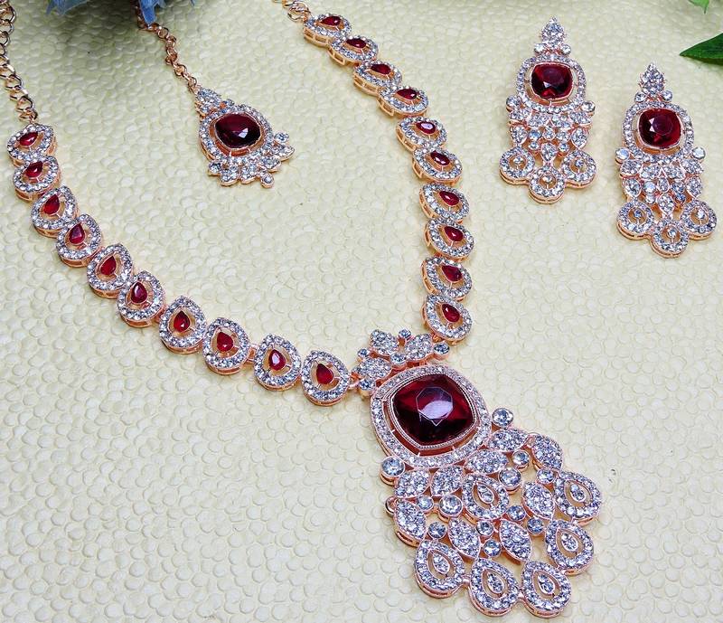 Maroon rose gold premium designer american diamond and stone work necklace set