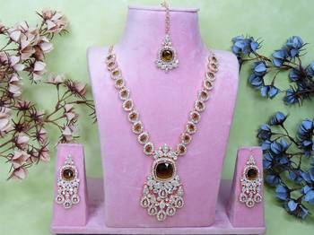 Green rose gold premium designer american diamond and stone work necklace set 1
