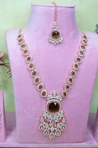Green rose gold premium designer american diamond and stone work necklace set