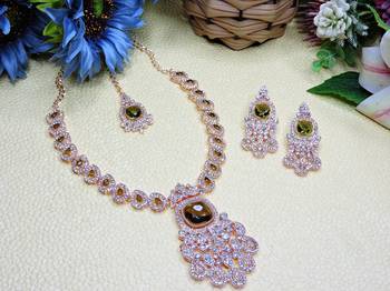 Green rose gold premium designer american diamond and stone work necklace set 2