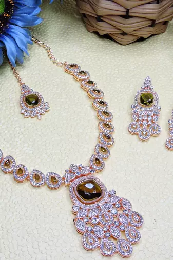 Green rose gold premium designer american diamond and stone work necklace set