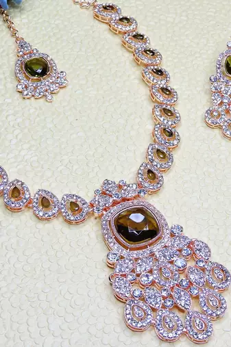 Green rose gold premium designer american diamond and stone work necklace set