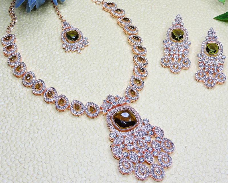 Green rose gold premium designer american diamond and stone work necklace set