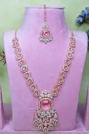 Pink rose gold premium designer american diamond and stone work necklace set