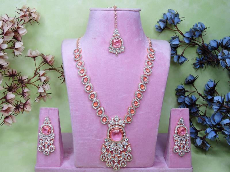 Pink rose gold premium designer american diamond and stone work necklace set
