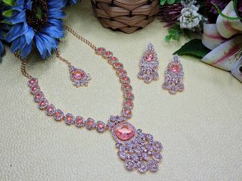 Pink rose gold premium designer american diamond and stone work necklace set 2