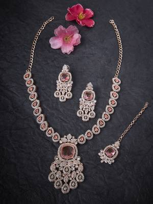 Pink rose gold premium designer american diamond and stone work necklace set 3
