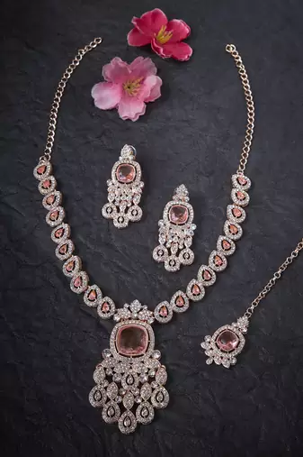 Pink rose gold premium designer american diamond and stone work necklace set