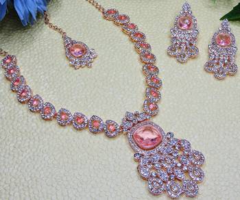 Pink rose gold premium designer american diamond and stone work necklace set 4