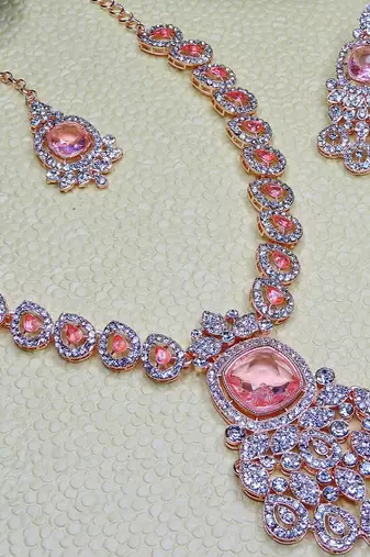 Pink rose gold premium designer american diamond and stone work necklace set