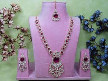 Purple rose gold premium designer american diamond and stone work necklace set 1