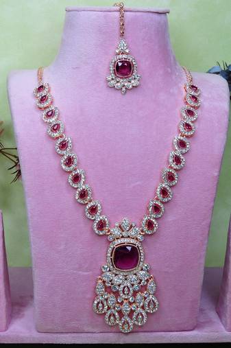 Purple rose gold premium designer american diamond and stone work necklace set