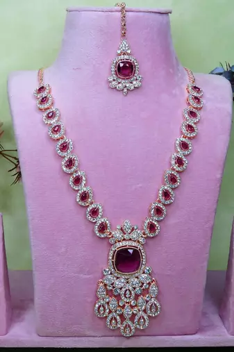 Purple rose gold premium designer american diamond and stone work necklace set