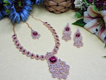 Purple rose gold premium designer american diamond and stone work necklace set 2