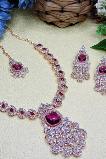 Purple rose gold premium designer american diamond and stone work necklace set